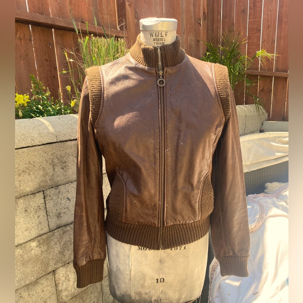 Brown Leather Bomber Jacket